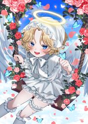 1boy absurdres androgynous angel angel_wings bishounen blonde_hair bloomers blue_eyes blue_sky blush bonnet bow bowtie child clouds commentary_request feathered_wings feet_out_of_frame fingernails flower frilled_sleeves frills hair_ornament halo highres kneehighs long_sleeves looking_at_viewer male_focus open_mouth original short_hair shota sitting sky smile socks solo swing taiya teeth thigh_strap traditional_halo trap white_wings wings