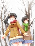  2girls araragi_karen araragi_tsukihi black_eyes black_hair coat fried_egg highres long_hair monogatari_(series) multiple_girls nisemonogatari scarf short_hair siblings side_ponytail sisters skirt snow sotogawa_max tree yellow_eyes 