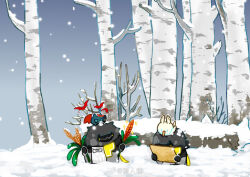  2boys 2girls animalization arknights arknights:_endfield bat_(animal) bird camille_(arknights) chibi chibi_only chinese_commentary commentary_request endministrator_(arknights) female_endministrator_(arknights) forest hua_ren_nan male_endministrator_(arknights) multiple_boys multiple_girls nature pelican perlica_(arknights) plant snow snowing snowman tree 