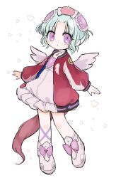  1girl aqua_hair bow butter_run commentary_request cross cross_print frilled_skirt frills hair_ornament highres jacket magical_girl mahou_shoujo_ikusei_keikaku mahou_shoujo_ikusei_keikaku_f2p purple_bow shoes short_hair skirt stella_lulu tail violet_eyes white_wings wings 