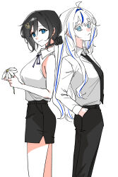  2girls absurdres ahoge aokumo_rin aqua_eyes bare_arms black_choker black_hair black_necktie black_pants black_shorts blue_eyes blue_ribbon blue_streaks chacha_(chacha0) chainsaw_man choker closed_mouth collared_shirt commentary cosplay cowboy_shot daisy_(flower) denji_(chainsaw_man) denji_(chainsaw_man)_(cosplay) double-parted_bangs expressionless flower from_side hair_bun hair_ornament hair_up hand_in_pocket heart heart_hair_ornament highres holding holding_flower long_hair long_sleeves looking_at_viewer looking_to_the_side multicolored_hair multiple_girls neck_ribbon necktie pants reze_(chainsaw_man) reze_(chainsaw_man)_(cosplay) ribbon shirayuki_hina shirt shirt_tucked_in short_shorts shorts simple_background single_hair_bun sleeveless sleeveless_shirt smile standing stellive straight_hair streaked_hair turning_head virtual_youtuber white_background white_flower white_hair white_shirt 