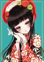  1girl absurdres ai_tanaka black_eyes black_hair blue_background bonnet bud commentary_request engawa_(osstbti) floral_print gloves highres hime_cut japanese_clothes kimono long_hair looking_at_viewer mahou_shoujo_ikusei_keikaku mahou_shoujo_ikusei_keikaku_black white_gloves wide_sleeves 