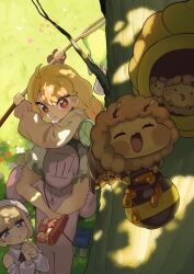  1boy 2girls absurdres ahoge bee bee_wings blonde_hair blue_eyes blush braid brown_shirt bug butterfly_net carrying closed_eyes commentary_request concentrating cross-shaped_pupils detached_wings digging_your_own_grave dress erpin_(cheerful_field_trip)_(trickcal) erpin_(trickcal) fewer_digits full_body hair_between_eyes hand_net highres holding holding_butterfly_net honey honeypot humanization insect_wings jubee_(trickcal) korean_commentary leader_(trickcal) long_hair long_sleeves meadow multiple_girls ner_(private_lesson_picnic)_(trickcal) ner_(trickcal) open_mouth piggyback red_eyes sandals shirt sibeoji skirt smile standing symbol-shaped_pupils tree_hollow trickcal white_dress white_shirt wings 