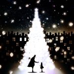  1boy 1girl christmas christmas_tree dress gift harada_miyuki hat highres original outdoors silhouette sky skyline star_(sky) starry_sky window 