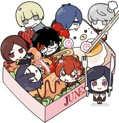  >_o 2girls 5boys :> :3 :t =_= ahoge amamiya_ren amano_maya apron bento black_eyes black_hair blonde_hair blue_eyes blue_hair chef_hat cherry_tomato chibi chibi_only chopsticks closed_eyes closed_mouth eating egg fish_cake food food_art gekkoukan_high_school_uniform glasses grey_eyes grey_hair hair_between_eyes hair_over_one_eye hat highres holding holding_chopsticks hot_dog iq004i leaked_male_protagonist_(persona_6) mini_chef_hat mini_hat multiple_boys multiple_girls narukami_yu omelet one_eye_closed open_mouth orange_hair persona persona_1 persona_2 persona_2_tsumi persona_3 persona_3_portable persona_6 red_apron rice school_uniform shiomi_kotone short_hair simple_background st._hermelin_school_uniform suou_tatsuya swept_bangs tako-san_wiener tamagoyaki tomato toudou_naoya violet_eyes white_background yurie_mouth yuuki_makoto_(persona_3) 