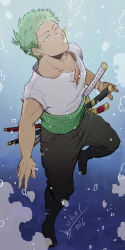  1boy abd-illustrates absurdres black_boots black_pants boots bubble commentary dated english_commentary full_body green_eyes green_hair haramaki highres male_focus one_piece pants roronoa_zoro shirt short_hair solo stitched_torso stitches t-shirt white_shirt 