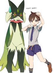  1boy :o brown_eyes brown_hair brown_shoes collared_shirt florian_(pokemon) furry grey_shirt harube623 highres korean_text looking_at_viewer male_focus meowscarada necktie open_mouth pink_eyes pokemon pokemon_(creature) pokemon_scarlet_and_violet shirt shoes short_hair short_sleeves shorts simple_background socks sweatdrop translation_request white_background 