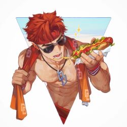1boy abs arm_hair beard beard_stubble biceps blue_sky border chest_hair cloud collar collarbone commentary_request daredevil daredevil_(series) fingernails food glasses grey-framed_eyewear headband highres holding holding_food holding_towel hot_dog jiecaoxing ketchup leaning_forward lettuce looking_at_food male_focus marvel_rivals muscular muscular_male mustard nipples non-web_source open_mouth orange_eyes paper parted_bangs pectorals red_headband red_wristband sausage short_hair sky solo source_request sparkle striped striped_wristband stubble sunglasses swim_trunks teeth thick_eyebrows tongue towel towel_around_neck triangle v-shaped_eyebrows white_border white_wristband wristband