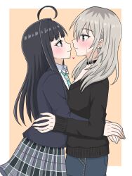  2girls ahoge awa_subaru black_choker black_hair black_jacket black_sweater blazer blush border choker collared_shirt commentary ear_covers eye_contact girls_band_cry green_necktie grey_eyes grey_hair grey_skirt heart highres hug jacket kawaragi_momoka long_hair looking_at_another multicolored_hair multiple_girls necktie plaid_clothes plaid_skirt pleated_skirt roots_(hair) shirt simple_background skirt sweatdrop sweater violet_eyes white_border white_shirt xiaoyu_(xiaoyu0308) yellow_background yuri 