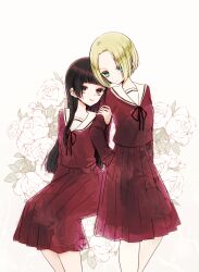  2girls adelheid_muller ai_tanaka black_hair blonde_hair blue_eyes commentary_request engawa_(osstbti) floral_background flower highres hime_cut long_hair mahou_shoujo_ikusei_keikaku mahou_shoujo_ikusei_keikaku_black multiple_girls pleated_skirt sailor_collar school_uniform short_hair skirt smile white_flower yuri 