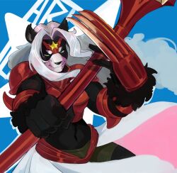  1girl armor artiomon bear bike_shorts blue_background breastplate claw_(weapon) commentary_request digimon digimon_(creature) digimon_beatbreak fangs forehead_protector furry furry_female galacticselkie green_eyes highres holding holding_polearm holding_weapon long_hair looking_at_viewer navel polearm solo weapon white_hair 