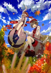  2girls :d absurdres autumn_leaves blue_boots blue_sky boots brown_eyes brown_hair closed_mouth clouds drum drum_set drumsticks english_commentary falling_leaves floating hat highres holding holding_drumsticks horikawa_raiko instrument jacket keyboard_(instrument) leaf long_sleeves looking_at_viewer lyrica_prismriver maple_leaf mountain multiple_girls one_eye_closed open_clothes open_jacket open_mouth playing_instrument red_eyes red_hair red_shoes red_skirt red_vest shirt shoes sitting sitting_on_drum skirt sky smile socks touhou twitter_username uninosono vest watermark white_jacket white_shirt white_skirt white_socks 