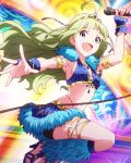  1girl :d ahoge aqua_eyes armlet fur_trim green_hair high_heels idolmaster idolmaster_million_live! long_hair looking_at_viewer microphone navel official_art open_mouth samba shimabara_elena smile solo 