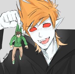  2boys animification antenna_hair black_coat brown_hair brown_pants chinese_commentary claws coat colored_skin commentary_request drawstring edd_(eddsworld) eddsworld fangs fingernails freckles frown green_hoodie green_shoes grey_background hair_behind_ear hood hoodie jiugeaaa licking_lips long_fingernails long_sleeves looking_at_another male_focus matt_(eddsworld) mini_person miniboy multiple_boys official_alternate_costume official_alternate_eye_color official_alternate_skin_color orange_hair pants pointy_ears red_eyes scared shoes short_hair simple_background size_difference sketch sneakers solid_eyes spiky_hair swept_bangs tongue tongue_out vampire white_skin wide-eyed 