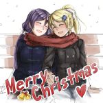  2girls ^_^ ayase_eli bench blonde_hair blush brown_hair closed_eyes coat forehead-to-forehead hair_ornament hairclip happy heart holding_hands interlocked_fingers long_hair love_live!_school_idol_project merry_christmas multiple_girls pas_(paxiti) ponytail scarf shared_scarf sitting smile toujou_nozomi twintails yuri 