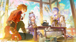  1girl 2boys absurdres agemaki_knot ahoge arm_guards arm_support armor asymmetrical_hair bina_(sebin_13) black_bridal_gauntlets black_corset black_gloves black_headband blonde_hair blue_hair blue_jacket blue_pants blue_skirt blunt_bangs blunt_tresses boots branch bridal_gauntlets brown_boots cherry_blossoms closed_eyes commentary_request contrast_lapels corset covering_own_mouth cup curtained_hair dango day dog_tags dou fake_horns falling_petals fingerless_gloves flower flower_knot food genshin_impact gloves gold_choker gold_trim grey_hair hair_between_eyes hair_ornament hair_over_shoulder hair_ribbon hand_over_own_mouth hands_up headband high_ponytail highres holding holding_cup holding_food horned_headwear horns hoyofair jacket japanese_armor kamisato_ayaka kamisato_ayato kamisato_clan_(emblem) kettle knee_boots knee_up lapels long_hair long_sleeves looking_at_another low_ponytail medium_hair mole mole_under_eye mole_under_mouth multiple_boys neck_tassel open_clothes open_jacket open_mouth pants parted_bangs petals pink_ribbon ponytail popped_collar purple_shirt red_jacket ribbon ribbon-trimmed_sleeves ribbon_trim sanshoku_dango seiza shirt sitting skirt smile table tailcoat tassel thigh_strap thoma_(genshin_impact) tree tress_ribbon two-sided_tailcoat wagashi white_flower white_pants white_tailcoat wide_sleeves 