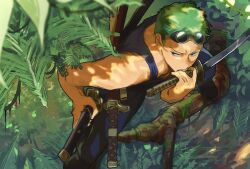  1boy blue_tank_top chabashira_chan commentary_request from_above goggles goggles_on_head green_hair highres in_tree looking_to_the_side male_focus one_piece outdoors roronoa_zoro short_hair solo sword tank_top tree weapon 