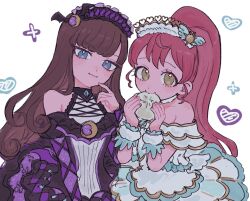  2girls absurdres black_dress blue_eyes brown_hair cle_423 commentary_request cowboy_shot crescent dress eating finger_to_mouth food food_in_mouth heart highres holding holding_food kurosu_aroma long_hair looking_at_viewer multiple_girls ponytail pretty_series pripara red_hair shiratama_mikan simple_background smile sparkle steamed_bun white_dress wrist_cuffs yellow_eyes 