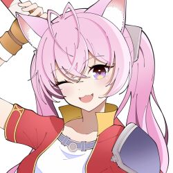  1girl :d ;d absurdres animal_ear_fluff animal_ears antenna_hair armor bo_staff brown_gloves commentary cosplay crossed_bangs double-parted_bangs eiyuu_densetsu english_commentary estelle_bright estelle_bright_(cosplay) fang fingerless_gloves gloves hair_between_eyes hakui_koyori high_collar highres holding holding_behind_back holding_staff holding_weapon holding_weapon_behind_back hololive jacket kaishain_ichigo leather leather_gloves long_hair looking_at_viewer one_eye_closed open_mouth pauldrons pink_hair portrait red_jacket shirt short_sleeves shoulder_armor simple_background single_pauldron skin_fang smile solo sora_no_kiseki staff twintails violet_eyes weapon white_background white_shirt wolf_ears wolf_girl 