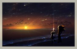  2boys animal_ears arm_up bakushi_(smys2017) beach bioluminescence clouds commentary_request dog_boy dog_ears dog_tail furry furry_male glowing jean_(si_land) king_zahab_(si_land) lion_boy lion_mane male_focus multiple_boys ocean shore si_land silhouette star_(sky) sun sunset tail 
