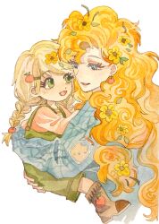  2girls :d absurdres aged_down alternate_costume alternate_hairstyle animification apple_hair_ornament apple_print applejack blonde_hair blue_eyes blue_shirt boots braid brown_boots carrying child child_carry chinese_commentary commentary_request curly_hair cutie_mark cutie_mark_print earrings flower food-themed_hair_ornament food_print freckles fruit_print gingham_shirt green_eyes green_overalls hair_flower hair_ornament highres jewelry kinky_hair long_sleeves low_twin_braids mother_and_child mother_and_daughter multiple_girls my_little_pony my_little_pony:_friendship_is_magic orange_hair orange_shirt overalls painting_(medium) parent_and_child pear_butter_(my_little_pony) personification shirt simple_background smile tan traditional_media twin_braids watercolor_(medium) white_background yellow_flower yizhoutianerri 