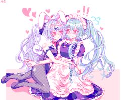  2girls :> ahoge animal_ears apron bare_shoulders black_leotard blue_eyes blue_hair card facial_mark fake_animal_ears fishnets hair_ornament hairband hatsune_miku heart heart-shaped_pupils holding leotard maid maid_apron maid_headdress multiple_girls open_mouth pixel_art rabbit rabbit_ears rabbit_hole_(vocaloid) shiny_skin shmitty single_handcuff sweatdrop symbol-shaped_pupils teardrop_facial_mark twintails vocaloid white_background x_hair_ornament yuri 