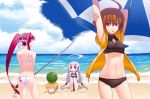  1boy 3girls ahoge ass beach beach_umbrella blindfold blonde_hair blush brown_hair clouds food fruit grin hyde_(under_night_in-birth) inugoya katana linne long_hair multicolored_hair multiple_girls ocean open_mouth ponytail red_eyes ribbon short_hair silver_hair smile swimsuit sword two-tone_hair under_night_in-birth vatista violet_eyes watermelon weapon yuzuriha_(under_night_in-birth) 