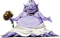  1boy absurdres black_sclera colored_sclera colored_skin demon_(megami_tensei) earrings hammer highres holding holding_hammer holding_mallet jewelry kazuma_kaneko kotoshironushi_(megami_tensei) mallet nipples official_art open_mouth purple_skin scan shin_megami_tensei shin_megami_tensei_i simple_background solo tentacles third-party_source transparent_background yellow_eyes 