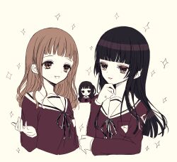  3girls ai_tanaka black_eyes black_hair brown_eyes brown_hair china_mizuta commentary_request engawa_(osstbti) highres hime_cut long_hair mahou_shoujo_ikusei_keikaku mahou_shoujo_ikusei_keikaku_black medium_hair multiple_girls risa_karasuno sailor_collar school_uniform sparkle talking umemizaki_middle_school_uniform 
