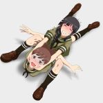  2girls bangs bdsm black_hair blunt_bangs blush braid brown_eyes brown_hair camel_clutch clenched_teeth closed_eyes drooling hakuyou-choun kantai_collection kitakami_(kantai_collection) long_hair multiple_girls ooi_(kantai_collection) open_mouth school_uniform serafuku straddling sweatdrop trembling wrestling 