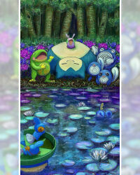  :> =_= animal_focus bilingual_commentary closed_eyes closed_mouth english_commentary fangs flower forest goomy grass gyura highres lily_pad lotad lying mixed-language_commentary mudkip nature no_humans nostrils official_art on_back open_mouth outdoors partially_submerged pokemon pokemon_sleep politoed poliwag poliwhirl purple_flower rain second-party_source sitting sleeping smile snorlax sobble standing tree water white_flower 