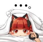  1girl :&lt; animal_ears blush cat_ears cat_tail dress ear_twitch extra_ears fang futon heart heart-shaped_pupils highres kaenbyou_rin kitsunerider looking_at_viewer multiple_tails pillow pointy_ears pov_hands red_dress red_eyes reverse_tail_grab symbol-shaped_pupils tail touhou under_covers 