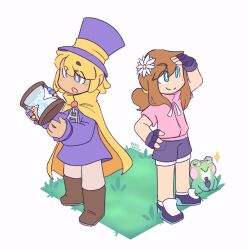  2girls :o a_hat_in_time black_necktie black_shoes blonde_hair blue_eyes blush_stickers boots brown_boots brown_hair brown_pants cape child closed_eyes closed_mouth commentary cosplay costume_switch crossover english_commentary fingerless_gloves flower frog glasses gloves grass grey_shorts hair_flower hair_ornament hair_tie hand_on_own_hip hands_up hat hat_kid hat_ribbon here_comes_niko! highres hourglass jacket long_hair long_sleeves looking_ahead looking_at_object medium_hair multicolored_shoes multiple_girls necktie niko_(here_comes_niko!) open_mouth pants pepper_(here_comes_niko!) pink_shirt ponytail purple_gloves purple_hat purple_jacket ribbon shading_eyes shirt shoes short_sleeves shorts sidelocks signature smile softum sparkle split_mouth standing top_hat two-tone_shoes violet_eyes white_background white_flower white_shoes yellow_cape yellow_ribbon zipper_pull_tab 