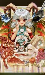  2girls absurdres apple blue_dress blueberry brown_horns curly_hair detached_sleeves disembodied_hand dress dual_persona earrings eye_print food fruit goat grey_hair highres holding holding_spoon hoop_earrings horn_ornament horn_ribbon horns intestines jewelry meandros mini_person minigirl multiple_girls open_mouth oversized_object petroleum pointy_ears red_eyes red_sleeves ribbon ribs_(food) sharp_teeth sheep_horns smile spoon steak tan_xiao_ye teeth touhou toutetsu_yuuma 