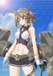  1girl bare_shoulders blush breasts brown_hair chain clouds gloves green_eyes headgear kantai_collection large_breasts looking_at_viewer midriff mutsu_(kantai_collection) navel onaya_masakazu personification short_hair skirt sky solo white_gloves 