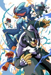  beak bear bird black_eyes blue_eyes claws closed_mouth commentary_request fighting_stance full_body furry highres horns juliana_(pokemon) keldeo keldeo_(ordinary) multiple_tails muscular no_humans onigiri_debu open_mouth paldean_tauros paldean_tauros_(aqua_breed) pokemon pokemon_(creature) pokemon_focus poliwrath quaquaval riding sharp_teeth single_horn smile standing tail tauros teeth tongue unicorn urshifu urshifu_(rapid) water 