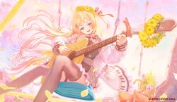  1girl :d absurdres acoustic_guitar blonde_hair brown_dress brown_eyes brown_sailor_collar brown_thighhighs buttons capo_(guitar) commentary_request copyright_notice day double-breasted double-parted_bangs dress falling_petals floating_hair flower_wreath frilled_jacket frills full_body guitar hair_between_eyes hair_ornament hair_ribbon hairclip highres holding holding_guitar holding_instrument hololive hololive_dev_is instrument jacket long_hair long_sleeves looking_at_viewer musical_note musical_note_hair_ornament nakauma neck_ribbon official_art on_swing one_side_up open_mouth otonose_kanade otonose_kanade_(1st_costume) outdoors petals plaid_clothes plaid_dress playing_instrument red_ribbon ribbon sailor_collar shirt sitting smile solo swing thigh-highs thigh_strap virtual_youtuber white_jacket white_sailor_collar white_shirt 