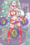  1girl boots breasts candy_cane christmas christmas_tree cleavage gift high_ponytail highres league_of_legends looking_at_viewer midriff navel ponytail purple_hair red_legwear smile solo stuffed_toy syndra telekinesis thigh_boots thighhighs trombe violet_eyes white_hair wink zed_(league_of_legends) 