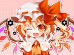  1girl blonde_hair bow double_v fang hat hat_bow oshio_(dayo) red_eyes side_ponytail solo touhou v wings wink 