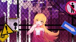  ! 1girl absurdres against_fence arm_behind_back bare_arms bare_shoulders blonde_hair building cable center_frills chain-link_fence chromatic_aberration collarbone commentary direction_board dress dress_ribbon english_text fence finger_in_own_mouth flat_chest flipped_hair frills fumo_(doll) hair_between_eyes hair_flaps hand_up hazard_stripes highres lamppost light_blush long_hair looking_at_viewer monogatari_(series) mouth_pull no_symbol open_mouth oshino_shinobu outdoors power_lines purple_sky red_dress red_ribbon ribbon ringed_eyes road_sign sidelocks sign sky sleeveless sleeveless_dress solo straight-on strap_slip sundress transformer tsutema upper_body utility_pole v-shaped_eyebrows very_long_hair yellow_eyes 