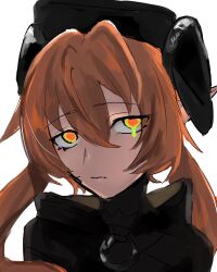  1girl black_hat black_horns closed_mouth commentary_request curled_horns dragon_girl dragon_horns green_eyes hair_between_eyes hat highres horns long_hair looking_at_viewer mo0915ushisan orange_hair orange_pupils orphie_magnusson pointy_ears portrait simple_background solo tearing_up twintails white_background zenless_zone_zero 