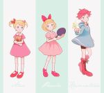  ana blonde_hair blue_eyes book frying_pan hoodie kumatora meimi_(artist) mother_(game) mother_2 mother_3 paula_polestar pink_hair ribbon smile twintails 