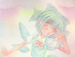  1girl :d acrylic_paint_(medium) blue_eyes blue_hair bow cirno graphite_(medium) hair_bow ice ice_wings open_mouth short_hair smile solo teeth touhou traditional_media v v_over_eye watercolor_(medium) wings wink yuyu_(00365676) 