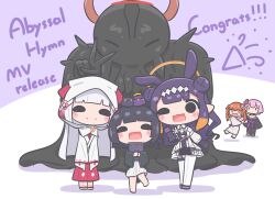  5girls absurdres abyssal_hymn animal_ears ao-chan_(ninomae_ina'nis) black_hair blunt_bangs blush_stickers double_bun dress fang hair_bun halo highres hololive hololive_english hood japanese_clothes kimono long_hair medium_hair mole mole_under_eye mori_calliope mori_calliope_(new_year) mpien multiple_girls multiple_persona ninomae_ina'nis ninomae_ina'nis_(dark_fairy_tale) open_mouth orange_hair pink_hair purple_hair rabbit_ears skirt smile takanashi_kiara takanashi_kiara_(new_year) takodachi_(ninomae_ina'nis) tentacle_hair twintails v virtual_youtuber wahtcher_(ninomae_ina'nis) white_hair wide_sleeves 
