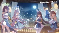  4girls absurdres animal_ear_headphones animal_ears aqua_eyes black_hair black_pantyhose blue_archive blue_halo breasts brown_hair chinese_clothes chinese_commentary chiyo_akira commentary_request fake_animal_ears food full_moon green_halo grey_halo halo hanfu headphones highres holding holding_food lantern large_breasts long_hair mid-autumn_festival miyako_(blue_archive) miyu_(blue_archive) moe_(blue_archive) moon mooncake multiple_girls night open_mouth pantyhose paper_lantern rabbit_ear_headphones rabbit_ears rabbit_platoon_(blue_archive) red_eyes saki_(blue_archive) short_hair sky_lantern violet_eyes white_hair white_pantyhose yellow_eyes yellow_halo 