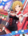  1girl 3boys black_legwear brown_hair cape character_name christmas gloves heart idolmaster idolmaster_million_live! long_hair microphone momose_rio official_art red_eyes smile snow thighhighs tree wink 