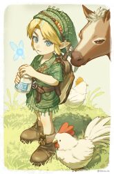 1boy artist_name beads belt bird blonde_hair blue_eyes boots border bottle brown_belt brown_boots chicken child commentary_request cucco fairy fold-over_boots grass green_hat hat highres holding holding_bottle horse link male_focus navi ponytail saino_misaki shield shield_on_back shoulder_belt standing sword sword_on_back the_legend_of_zelda the_legend_of_zelda:_ocarina_of_time the_legend_of_zelda:_ocarina_of_time_(remake) twitter_username weapon weapon_on_back white_border young_link 