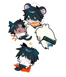  1girl 3boys animal_ears black_eyes black_hair black_shorts black_socks blue_pants blue_shirt bright_pupils brown_shoes cape cat_boy cat_ears cat_tail chibi chibi_only crown dog_boy dog_ears dog_tail false_memory gold_crown green_pants grey_shirt guan_chao_(false_memory) halo he_mingshuo high-visibility_clothing high-visibility_vest high_collar high_tops highres holding holding_stick id_card jacket liyyblex male_focus mini_crown mouse_boy mouse_ears mouse_tail multiple_boys multiple_views open_clothes open_jacket open_mouth orange_vest outline pants protagonist_halo red_cape shirt shoes short_sleeves shorts simple_background sleeves_rolled_up sneakers socks spiky_hair stick tail tear_troughs tears vest wavy_mouth white_hair white_outline white_pupils white_shirt white_shoes wings yi_(false_memory) 