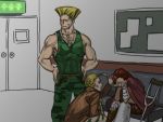  bandages cammy_white chun-li gg_(s2leona) guile hands_on_own_face hospital jacket street_fighter street_fighter_iv super_street_fighter_iv waiting 