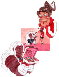 2girls asahina_aoi bandaged_leg bandages black_sailor_collar black_shorts black_skirt blue_eyes blush box brown_hair closed_mouth commentary curtained_hair danganronpa:_trigger_happy_havoc danganronpa_(series) dark-skinned_female dark_skin dated doughnut english_commentary expressive_hair fingernails food grace_kraft hands_on_own_face heart heart-shaped_hair highres holding holding_box jacket knee_pads long_hair long_sleeves multiple_girls muscular muscular_female neckerchief ogami_sakura on_one_knee open_clothes open_jacket pastry_box ponytail red_jacket red_neckerchief sailor_collar scar scar_on_arm scar_on_face school_uniform serafuku shirt shoes shorts signature single_knee_pad skirt smile socks tearing_up torn_clothes torn_shirt torn_sleeves translation_request wavy_mouth white_hair white_shirt white_shoes white_socks 